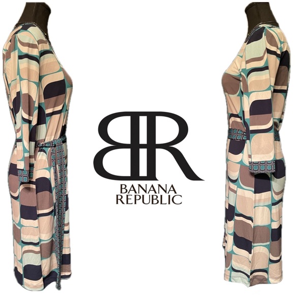 NWT Banana Republic Blue Gray White Black Mod Geometric Wrap Stretchy Midi Dress - Picture 3 of 7